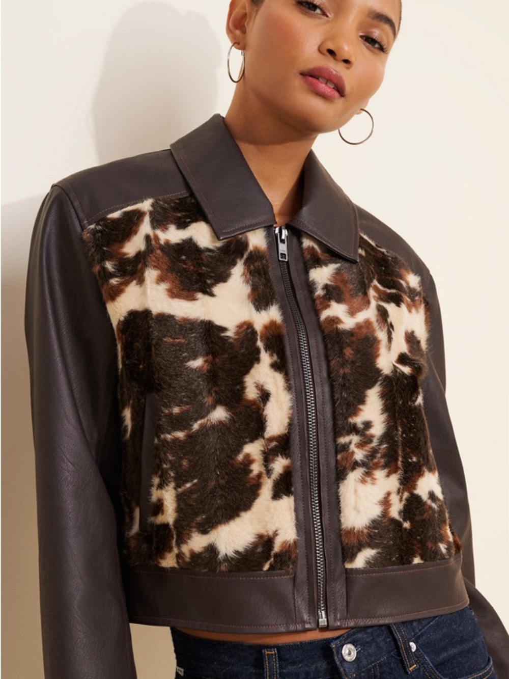 Free People Unreal Fur Yellowstone Faux Fur Paneled Leather Cow Pront jacket